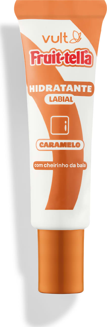 A imagem mostra um hidratante labial da marca Vult, com embalagem tubular, tipo bisnaga, dourada e branca. Rótulo com o nome do produto e demais informações em dourado e branco.