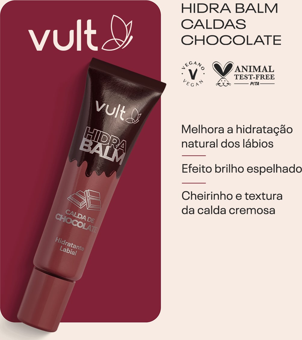 CARD DO PRODUTO COM AS INFORMAÇÕES: HIDRA BALM CALDAS CHOCOLATE
Melhora a hidratação natural dos lábios
Efeito brilho espelhado
Cheirinho e textura da calda cremosa