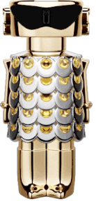 A parte superior do frasco é preta e tem uma forma retangular. O corpo principal é composto por pequenas peças brancas e pretas dispostas em um padrão escamado, com detalhes dourados nas pontas. A base é dourada e tem uma estrutura cilíndrica.