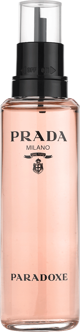 Frasco de perfume Prada Paradoxe, com design elegante em tons de rosa e preto, exibindo o logotipo da marca em destaque. O produto apresenta um design moderno e sofisticado, com um atomizador na parte superior.