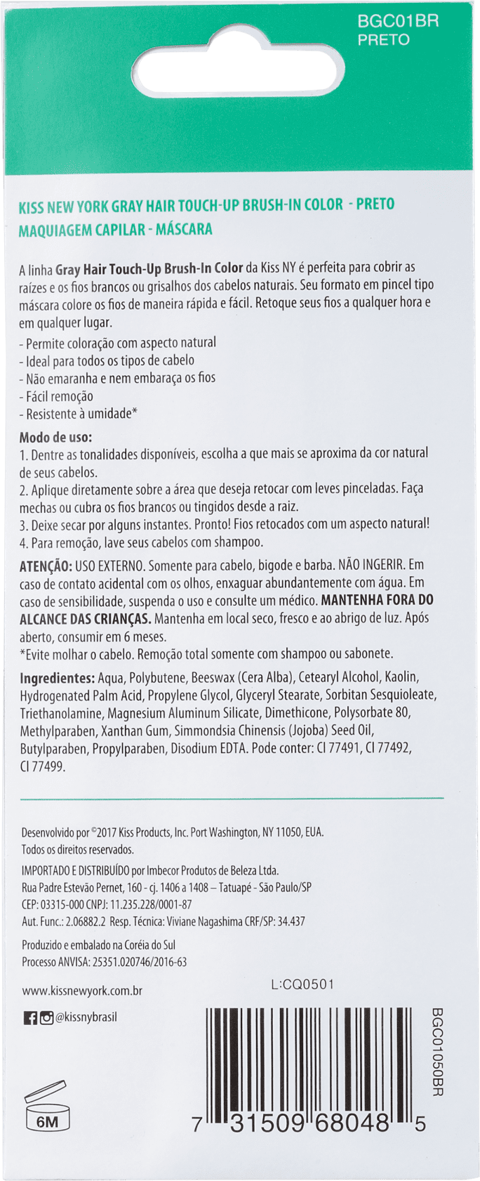Kiss New York Gray Hair Touch Up Preto - Máscara Corretivo de Raiz 7g