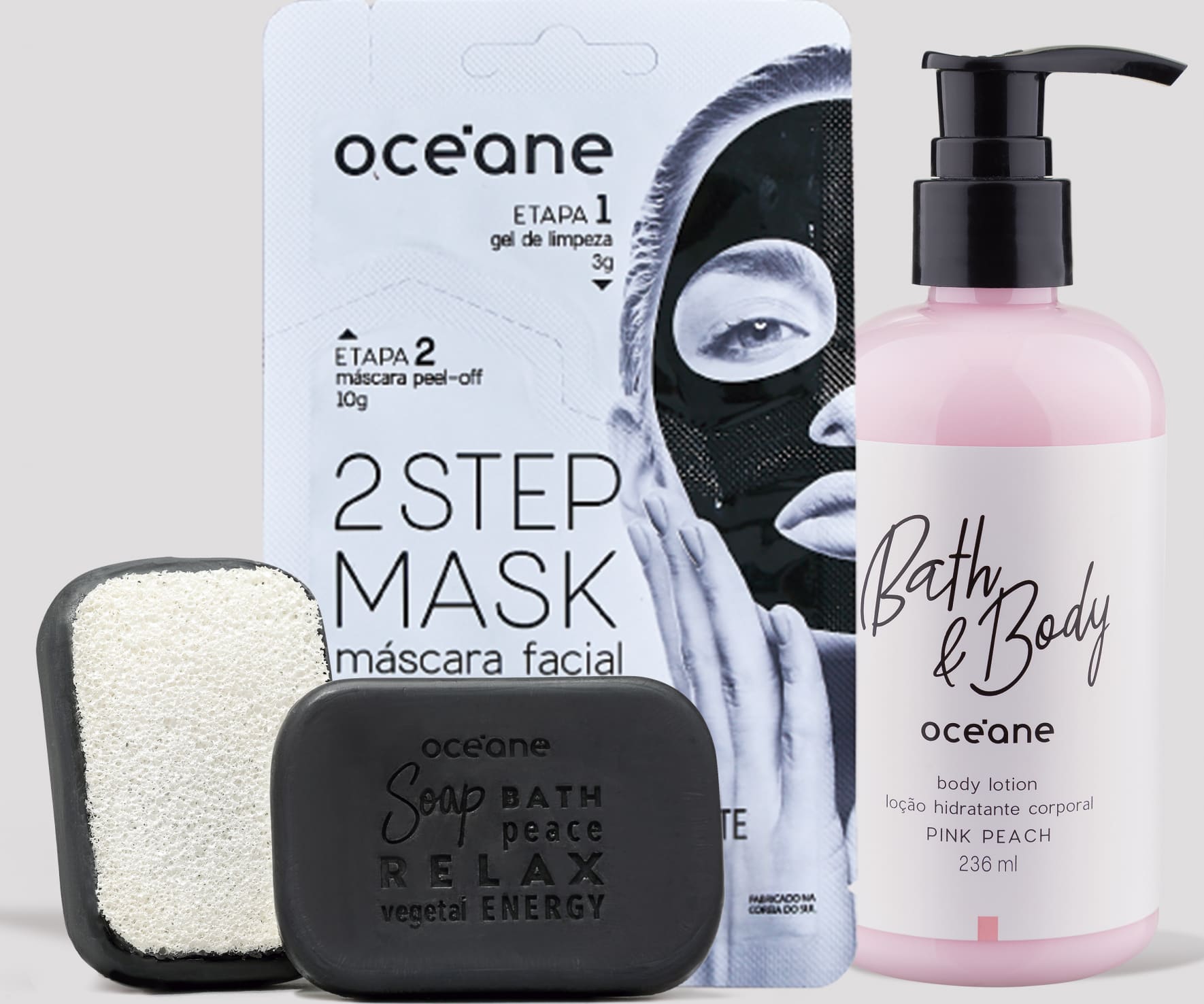 Kit Soap Sponge + 2 Step Mask Carvão + Body Lotion Pink Peach