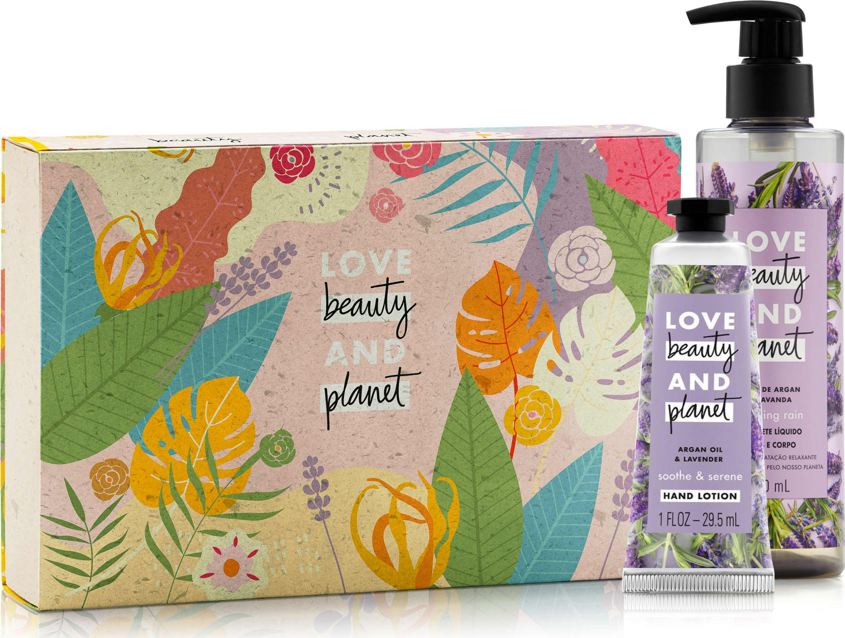 Kit Love, Beauty and Planet - Sabonete líquido Relaxing Rain + Creme de Mãos Soothe and Serene + Caixa