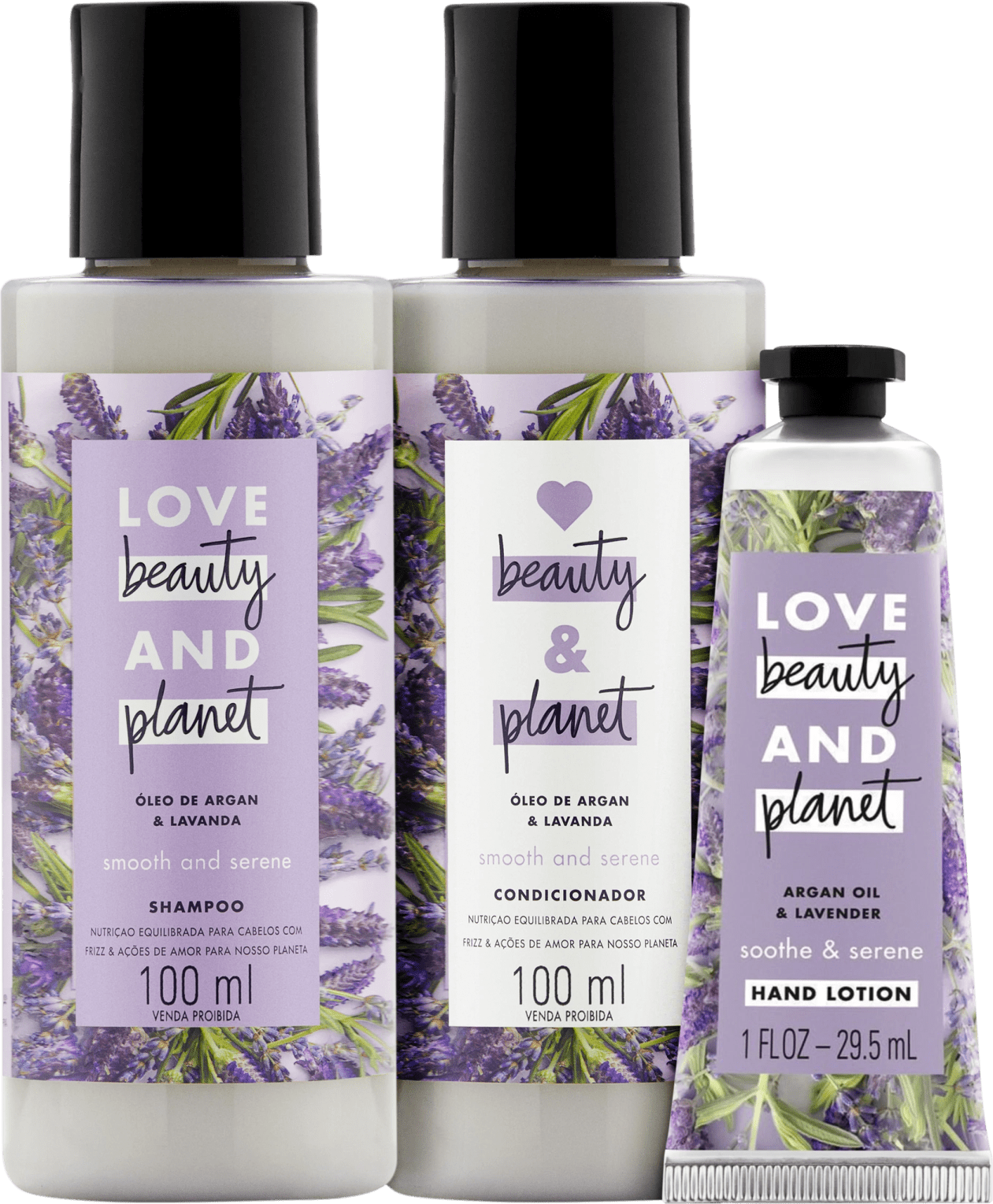 Kit Love, Beauty and Planet - Shampoo + Condicionador 100ml Smooth and Serene + Creme de mãos Soothe and Serene