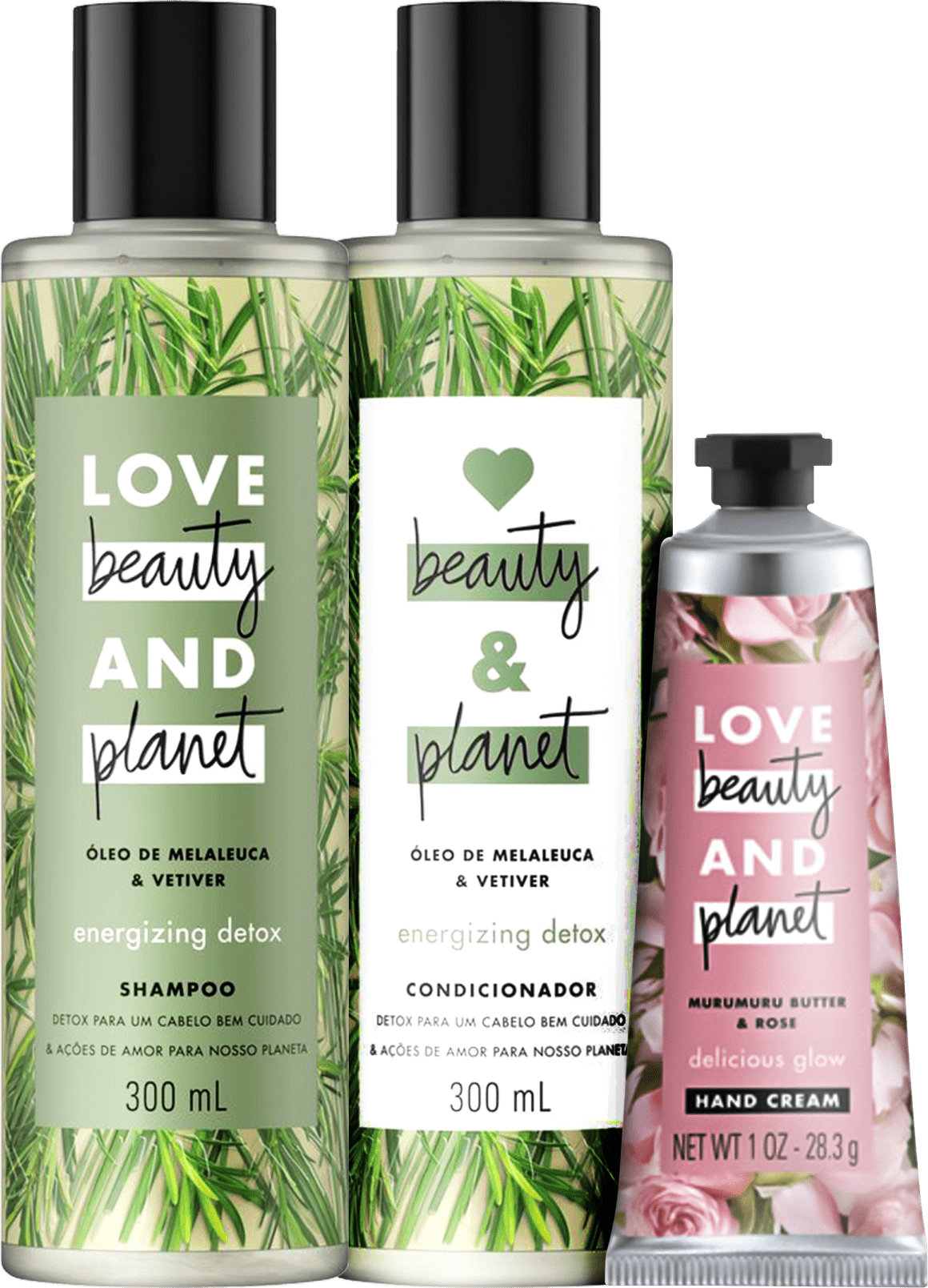 Kit Love, Beauty and Planet - Shampoo + Condicionador 300ml Energizing Detox + Creme de mãos Delicious Glow