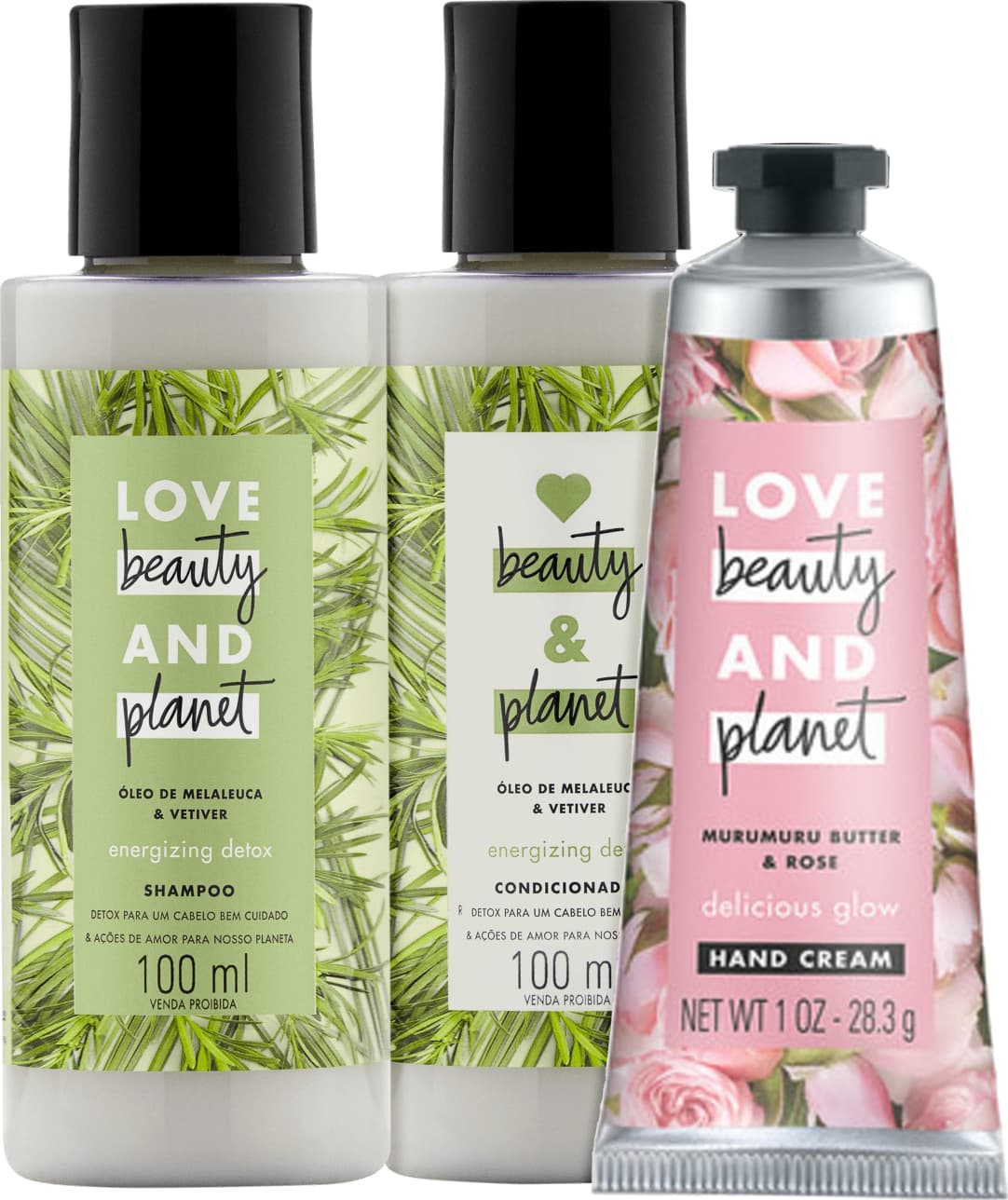 Kit Love, Beauty and Planet - Shampoo + Condicionador 100ml Energizing Detox + Creme de mãos Delicious Glow