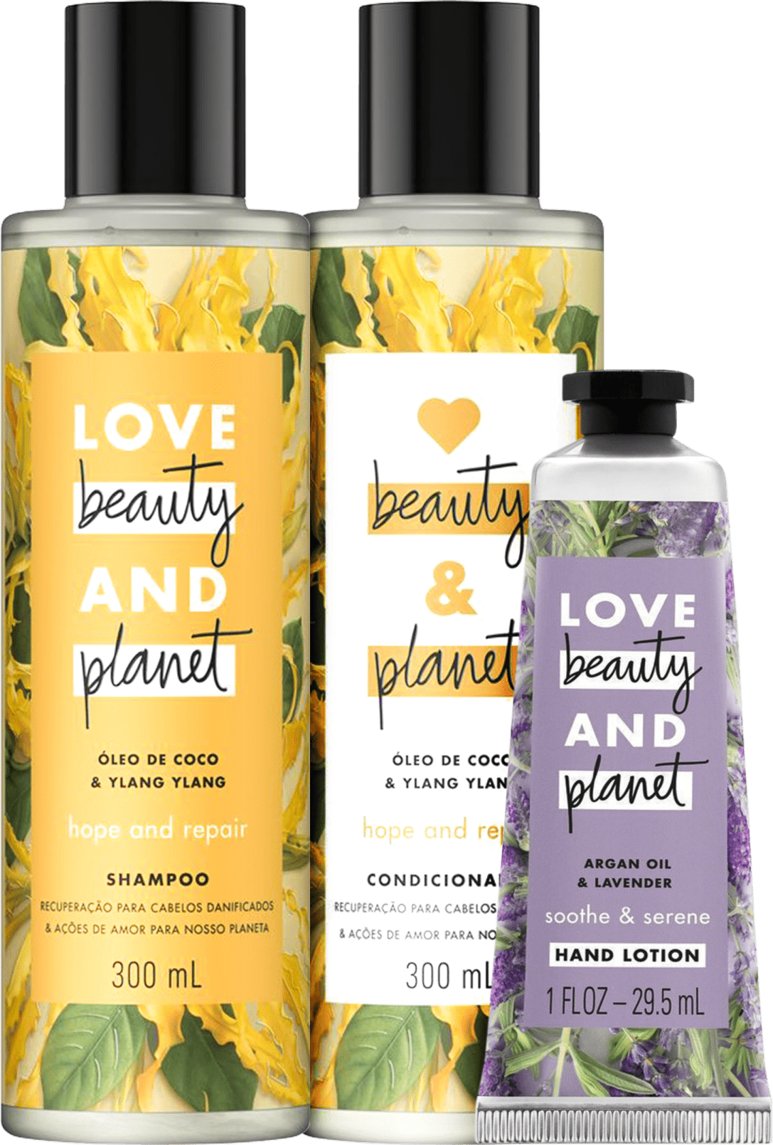 Kit Love, Beauty and Planet - Shampoo + Condicionador 300ml Hope and Repair + Creme de mãos Sooth and Serene