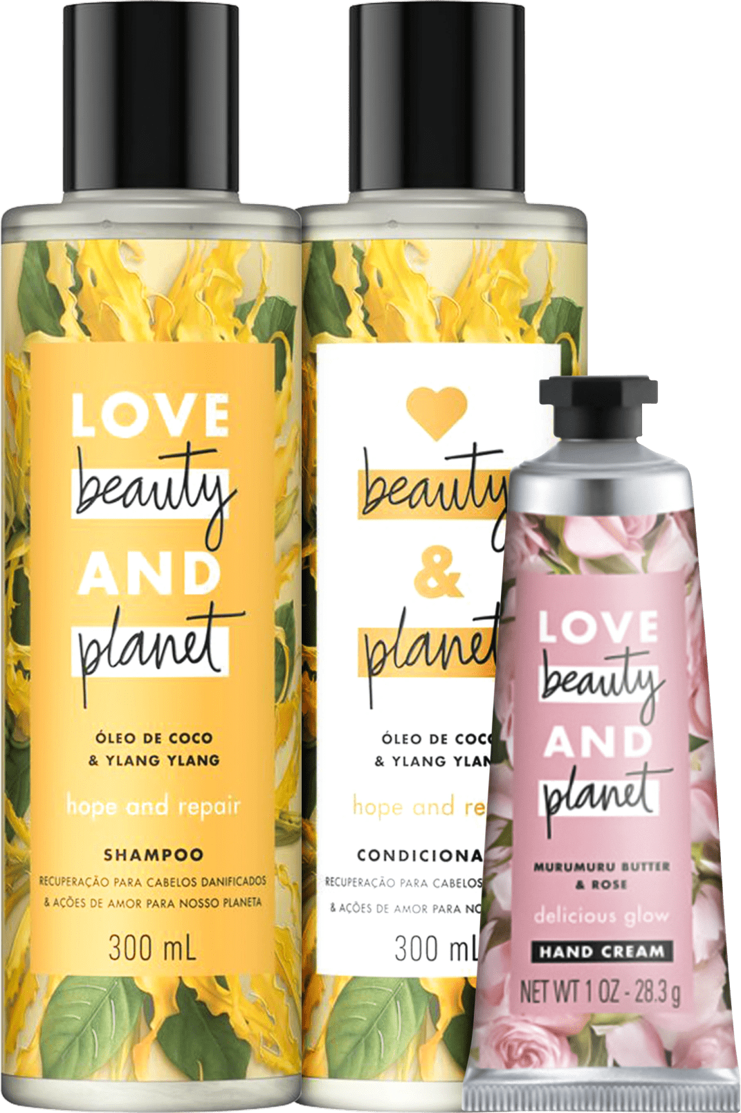 Kit Love, Beauty and Planet - Shampoo + Condicionador 300ml Hope and Repair + Creme de mãos Delicious Glow