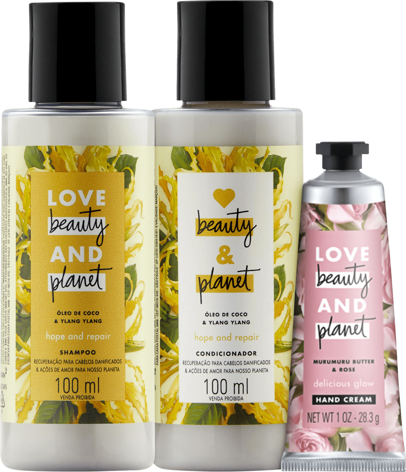 Kit Love, Beauty and Planet - Shampoo + Condicionador 100ml Hope and Repair + Creme de mãos Delicious Glow