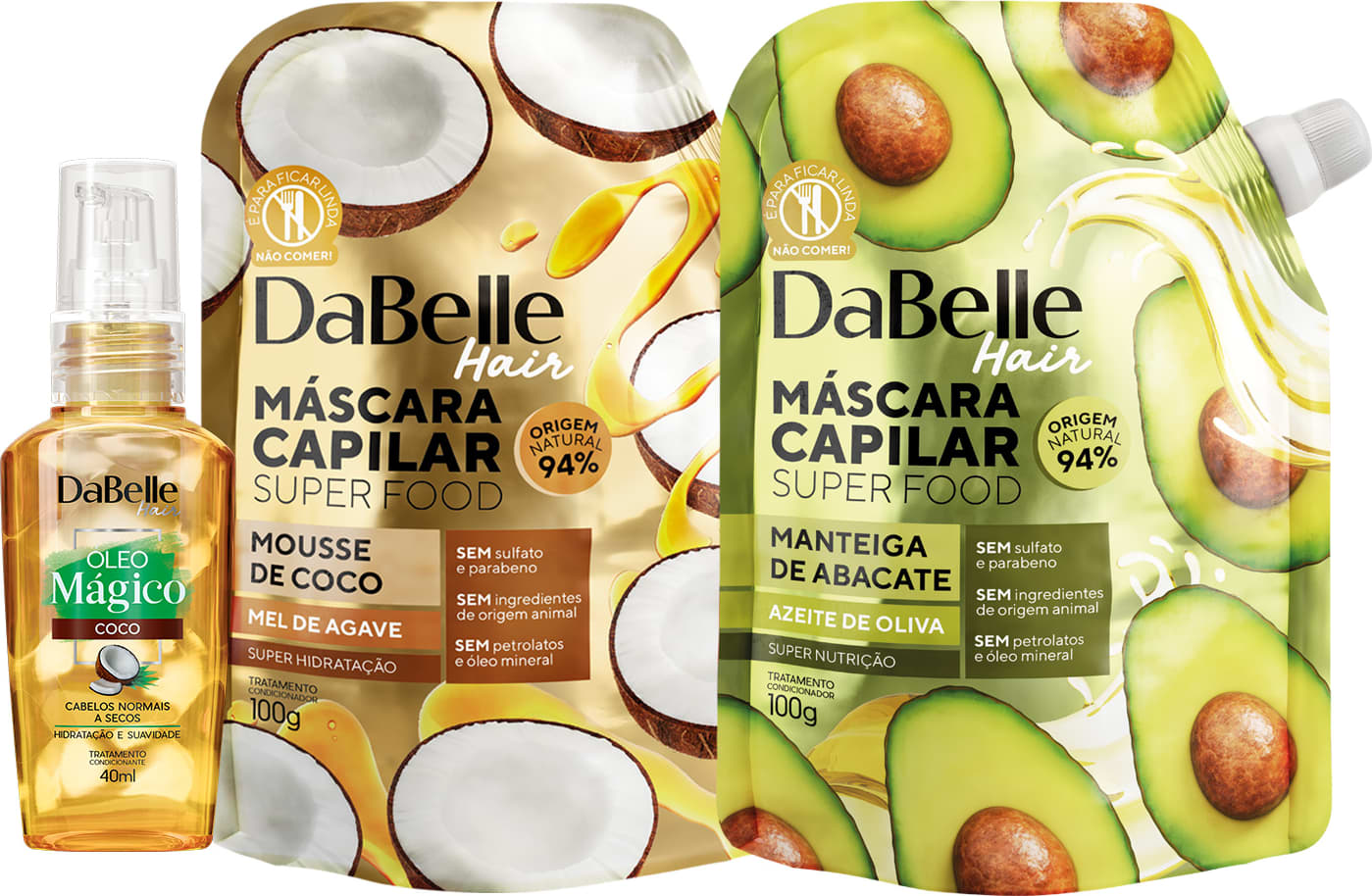 Kit DaBelle Super Food Nutrição - Manteiga de Abacate e Azeite de Oliva + Mousse de Coco e Mel Agave + Óleo Mágico de Coco
