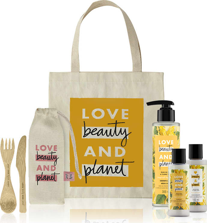 Kit Love, Beauty and Planet - Shampoo + Condicionador 100ml + Creme para Pentear Hope and Repair + Ecobag Amarela + Talheres de Bambu