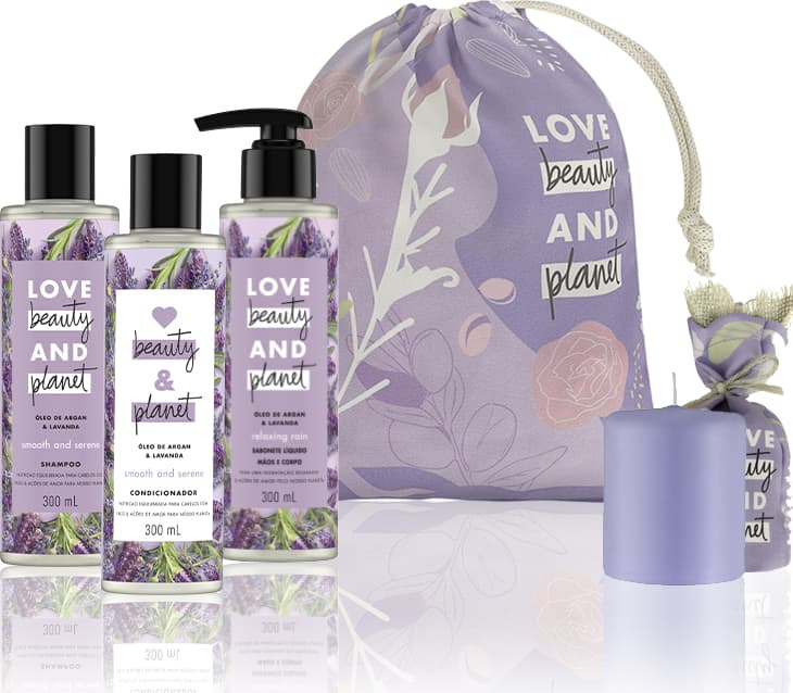 Kit Love, Beauty and Planet - Shampoo + Condicionador Smooth and Serene + Sabonete Relaxing Rain + Saco de pano + Vela perfumada roxa