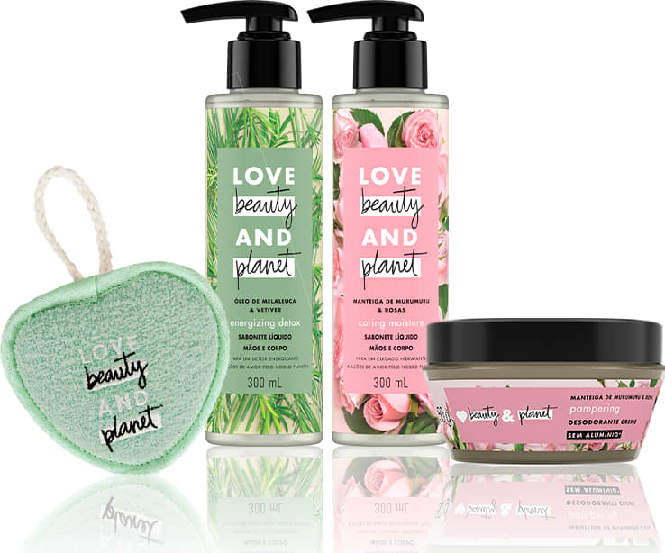 Kit Love, Beauty and Planet - Sabonete líquido Caring Moisture + Sabonete líquido Energizing Detox + Desodorante em creme Cream Pampering + Esponja de banho