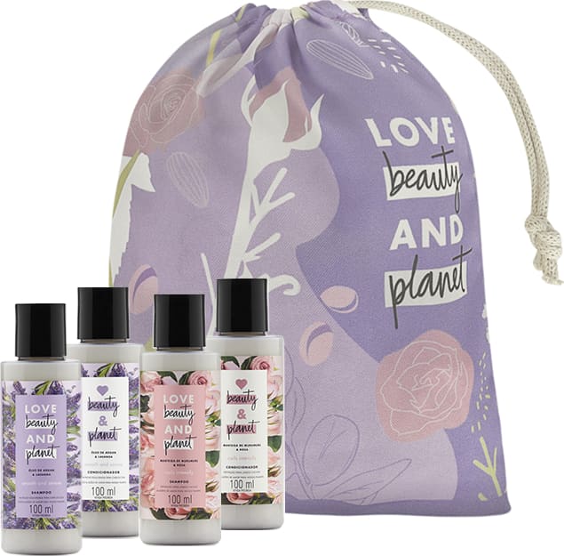 Kit Love, Beauty and Planet - Shampoo + Condicionador 100ml Curls Intensify + Shampoo + Condicionador 100ml Smooth and Serene + Saco de pano