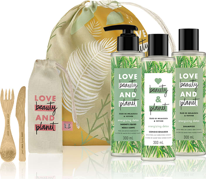 Kit Love, Beauty and Planet - Shampoo + Condicionadorl + Sabonete Energizing Detox + Saco de pano + Talheres de Bambu