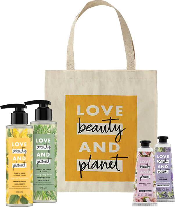 Kit Love, Beauty and Planet - Sabonete líquido Tropical Hydration + Sabonete líquido Energizing Detox + Creme de mãos Soothe and Serene + Creme de mãos Delicious Glow + Ecobag