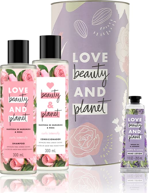 Kit Love, Beauty and Planet - Shampoo + Condicionador Curls Intensify + Creme de mãos Shoothe and Serene + Lata