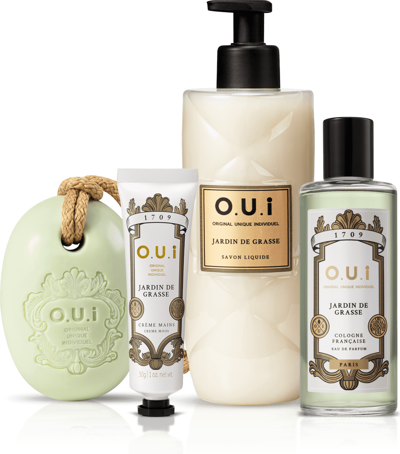 O.U.i Kit Jardin de Grasse - Sabonete Barra 190g + Eau de Parfum 75ml + Sabonete Líquido 400ml + Creme de Mãos 30g