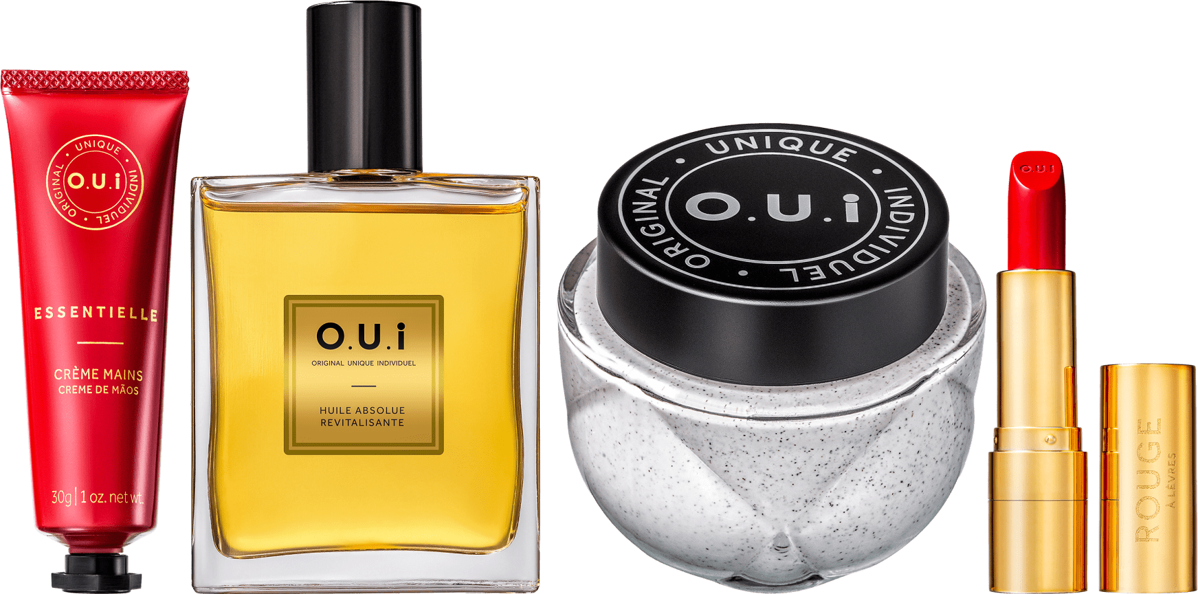 Kit O.U.i Rouge Luxe - Creme de Mãos 30g + Óleo Absoluto 100ml + Creme Esfoliante 200g + Batom Rouge 3g