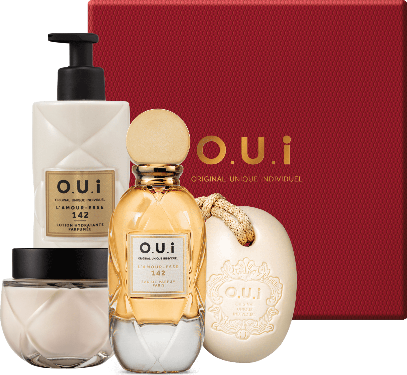 Conjunto L’Amour-Esse 142 O.U.i Feminino Intense - Eau de Parfum Feminino 75ml + Loção 400ml + Crème Riche 200g + Sabonete em Barra 190g