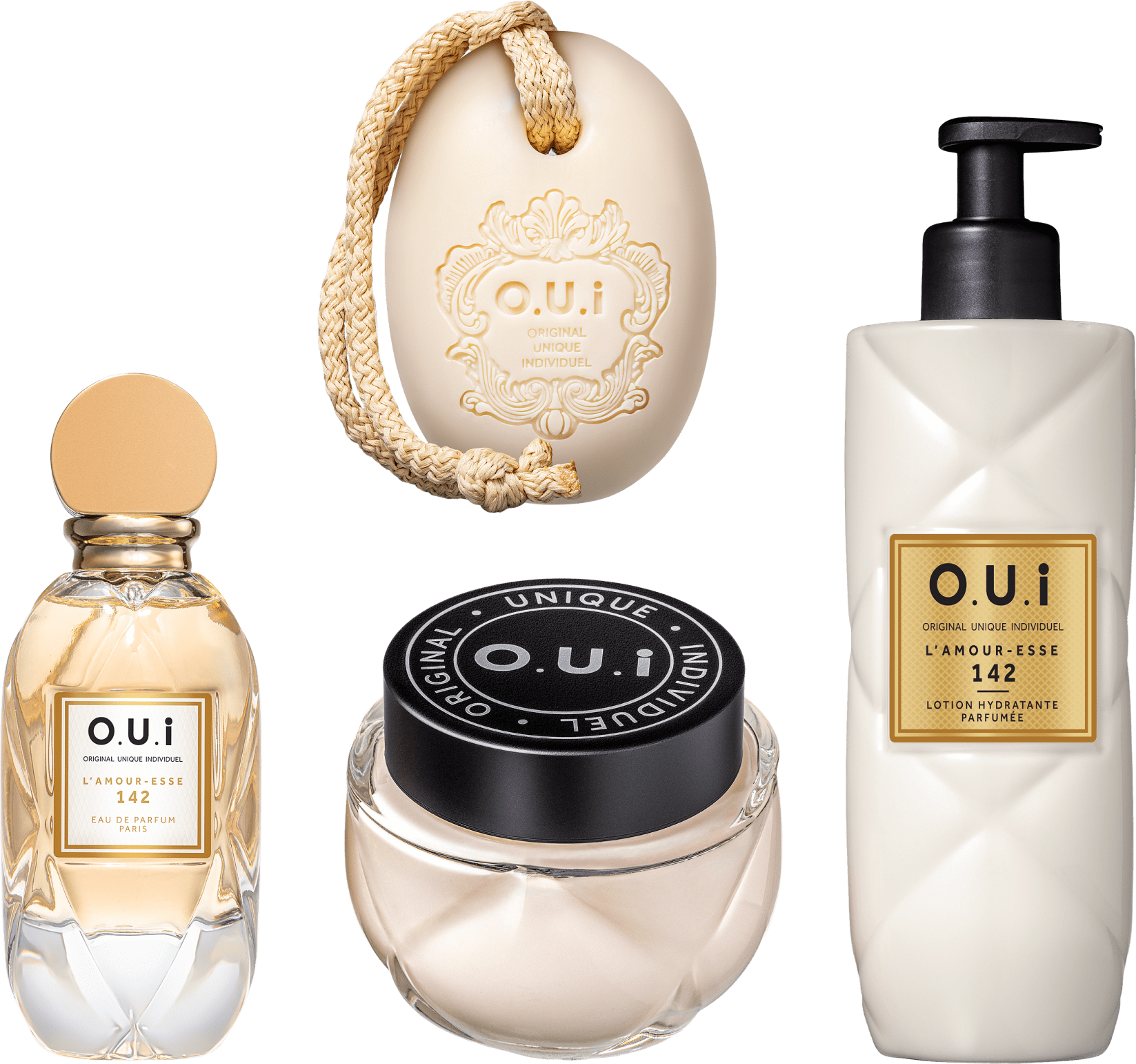 Conjunto L’Amour-Esse 142 O.U.i Feminino Intense - Eau de Parfum Feminino 75ml + Loção 400ml + Crème Riche 200g + Sabonete em Barra 190g