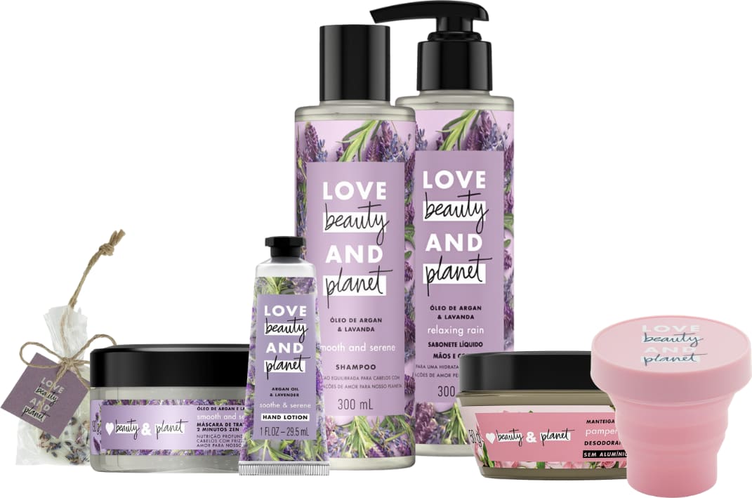 Kit Love, Beauty and Planet - Shampoo + Máscara Capilar + Creme de mãos Smooth and Serene + Sabonete Relaxing Rain + Brindes