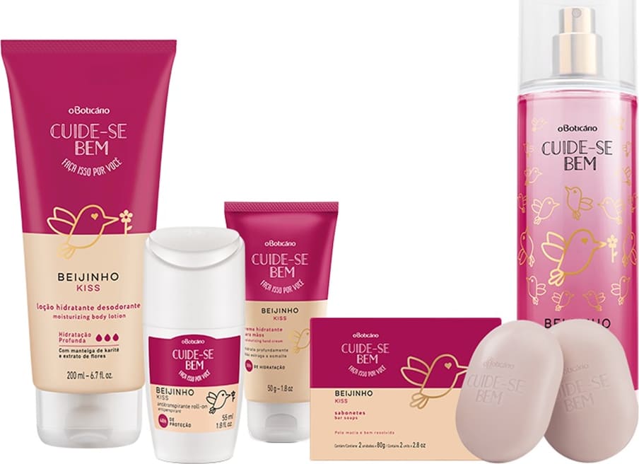 Combo Cuide-Se Bem Beijinho: Loção Hidratante, 200Ml + Body Splash, 200Ml + Creme De Mãos, 50G + Roll On, 55Ml + Sabonete, 2 Un. 80G Cada