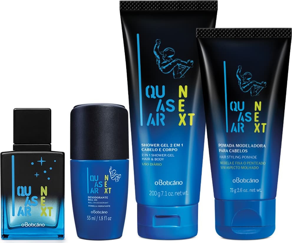 Combo Quasar Next: Desodorante Colônia, 50 ml + Desodorante Roll On, 55 ml + Shampoo 2 Em 1, 200 ml + Pomada Modeladora Para Cabelos, 120 g