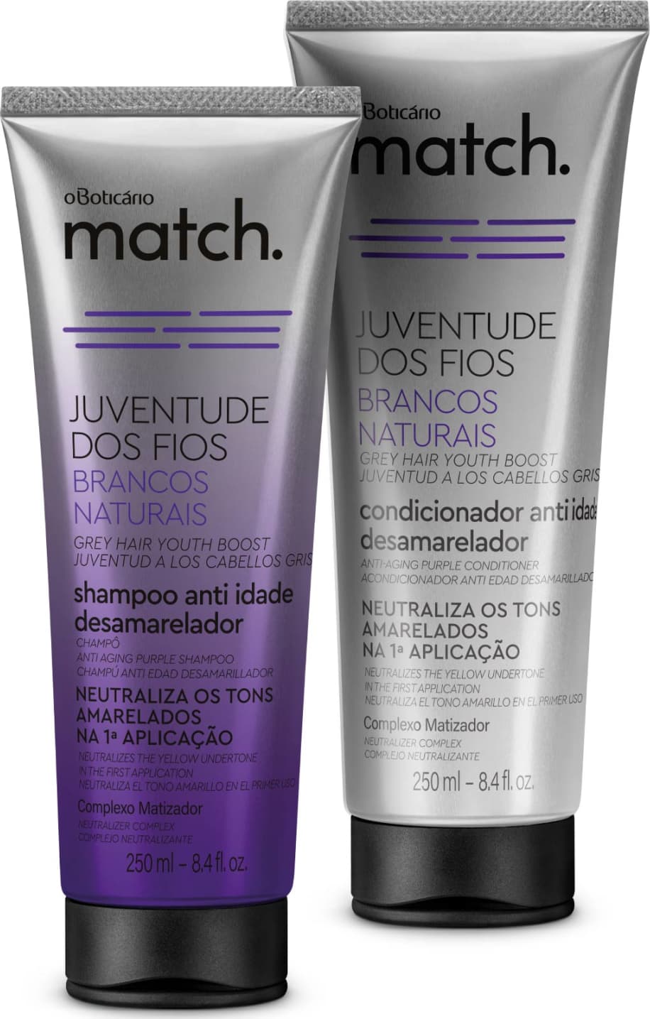 Combo Match Juventude dos Fios Brancos Naturais: Shampoo Anti-Idade Desamarelador 250ml + Condicionador Anti-Idade Desamarelador 250ml