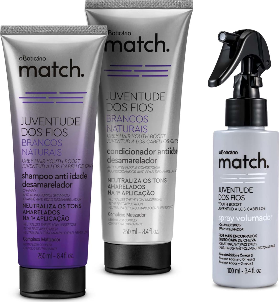 Combo Match Juventude dos Fios Brancos Naturais: Shampoo Desamarelador 250ml + Condicionador Desamarelador 250ml + Spray Volumador 100ml