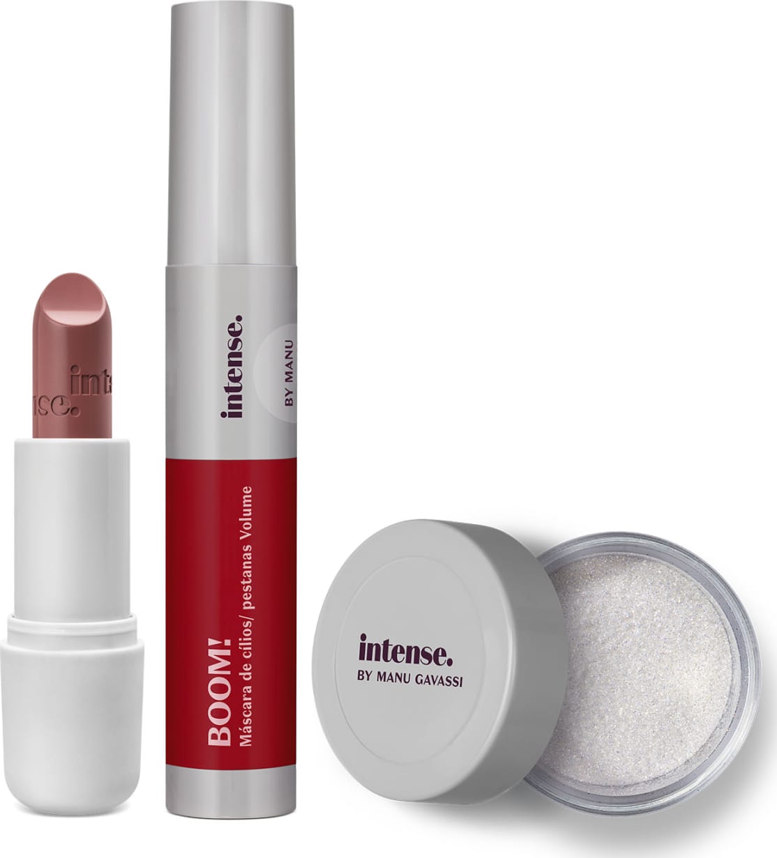 Combo Look Um Shine de Fada Intense by Manu Gavassi: Sombra Super Glitter + Máscara para Cílios + Batom Cremoso Nude 140
