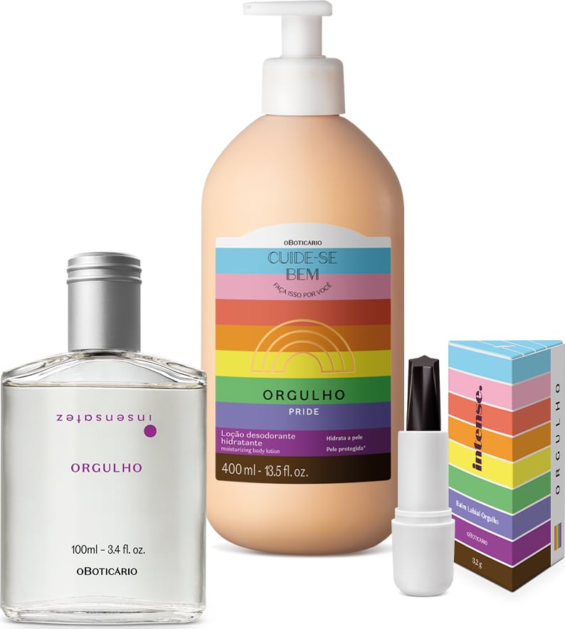 Combo Orgulho Edição Limitada: Insensatez Desodorante Colônia 100ml + Balm Labial Intense + Loção Corporal Cuide-se Bem 400ml