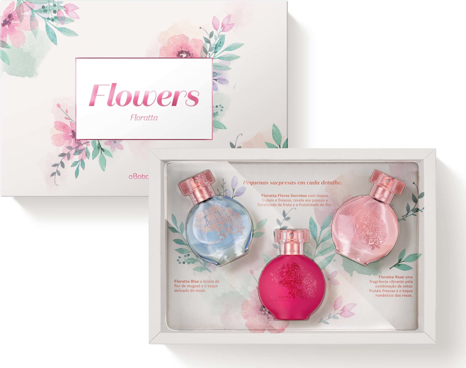 Kit Presente Floratta Desodorante Colônia: Floratta Blue 30ml + Floratta Rose 30ml + Floratta Flores Secretas 30ml