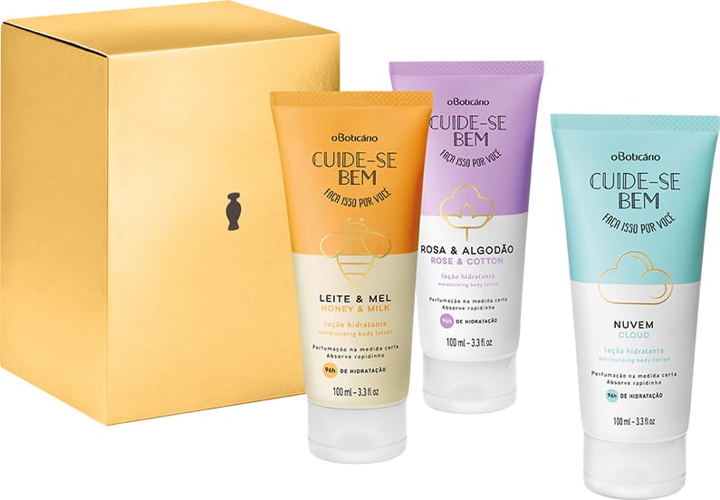 Kit Presente Cuide-Se Bem Trio de Loções Hidratante Desodorante Corporal: Leite e Mel 100ml + Rosa e Algodão 100ml + Nuvem 100ml