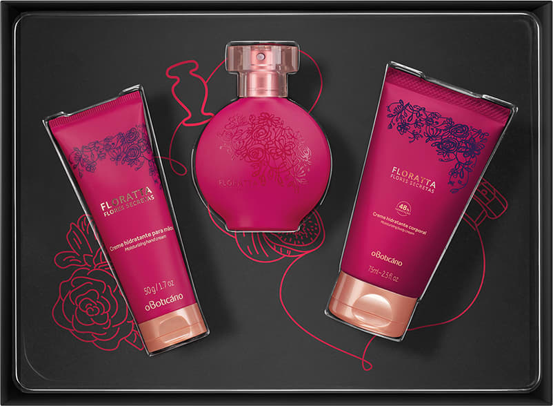 Kit Presente Floratta Flores Secretas Miniatura: Desodorante Colônia 30ml + Loção Desodorante Hidratante 75ml + Creme de Mãos 50g