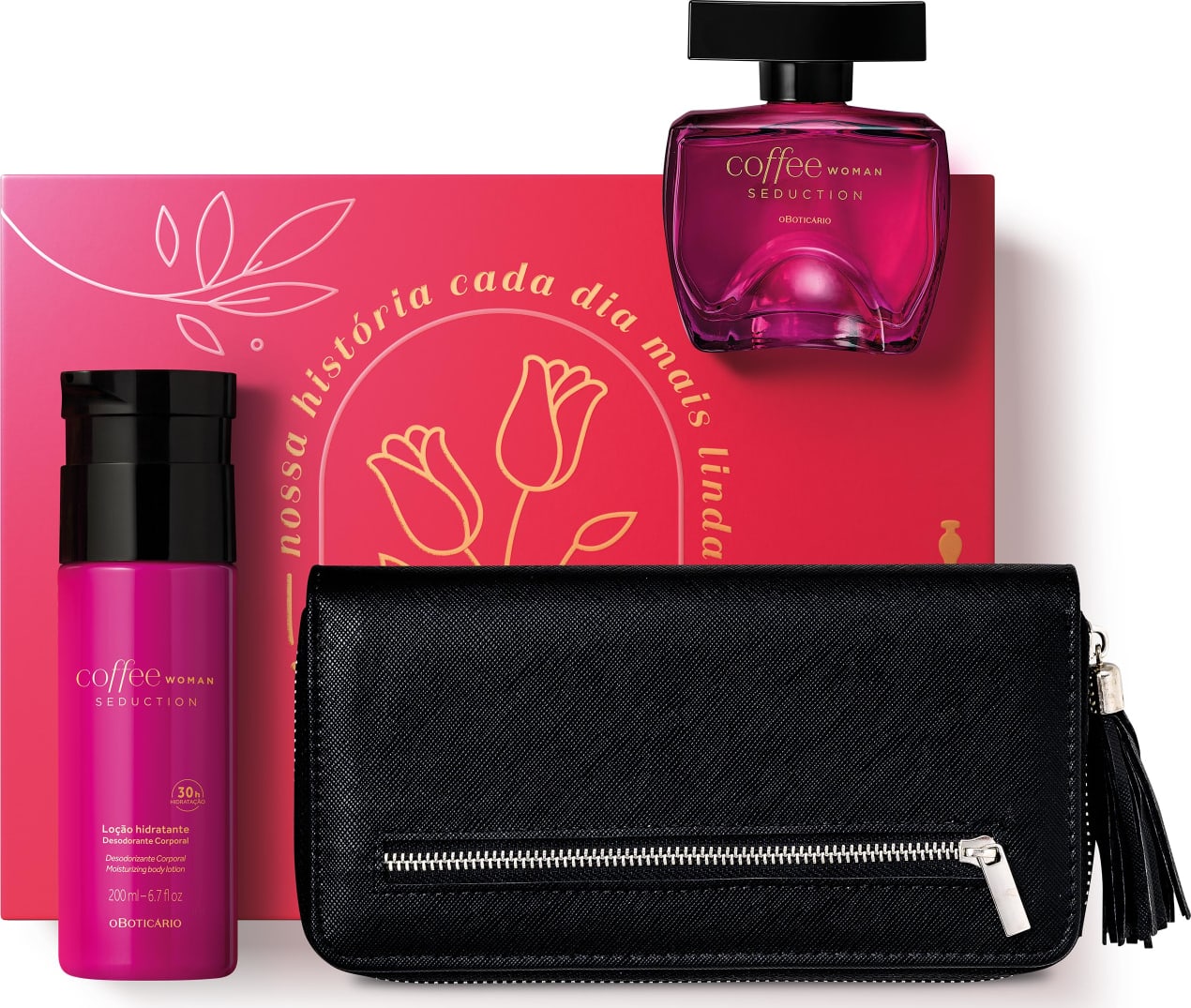 Kit Presente Dia das Mães Coffee Woman Seduction: Desodorante Colônia 100ml + Loção Hidratante Desodorante 200ml + Carteira