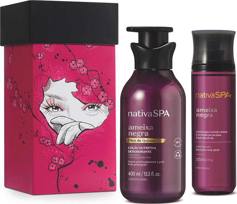 Kit Presente Nativa SPA Ameixa Negra: Body Splash 200ml + Loção Corporal 400ml + Caixa de Presente