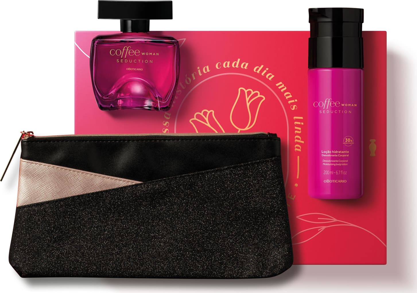 Kit Presente Dia das Mães Coffee Woman Seduction: Desodorante Colônia 100ml + Loção Hidratante Desodorante 200ml + Nécessaire