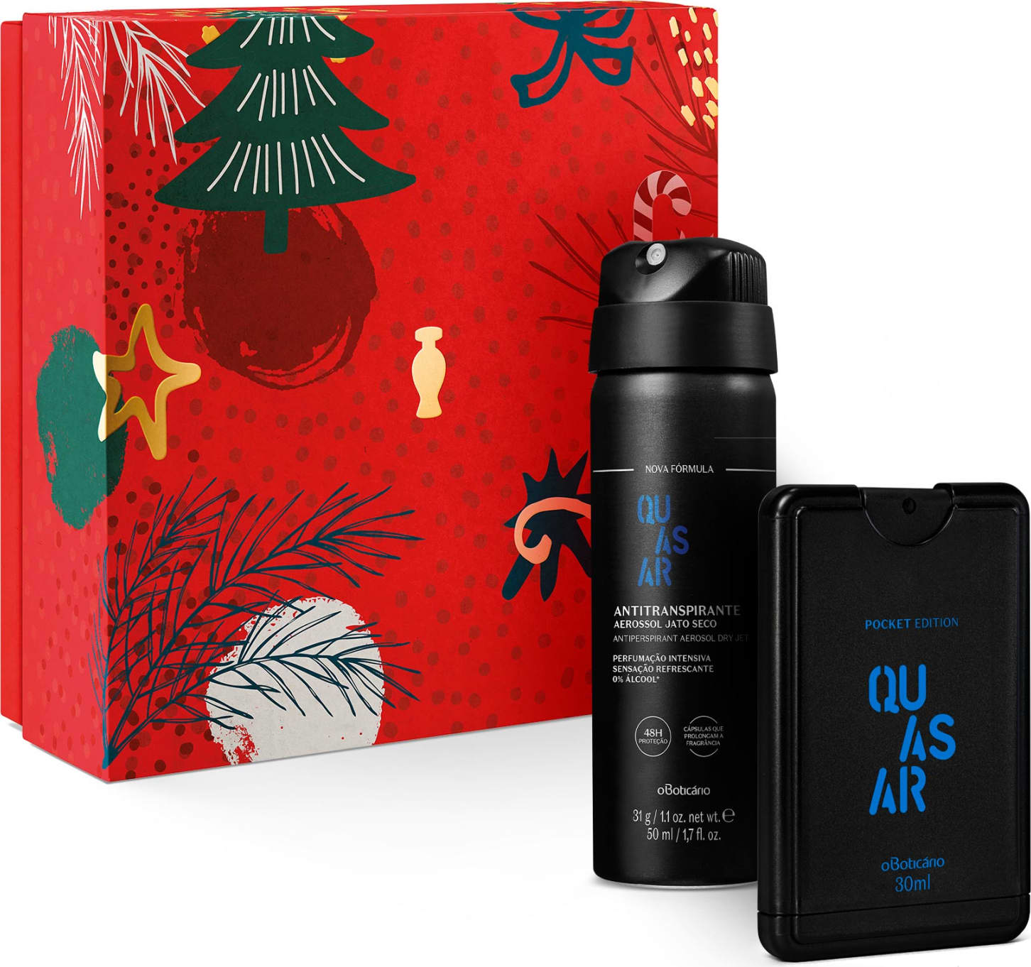 Combo Quasar Miniatura: Desodorante Colônia Pocket 30ml + Antitranspirante 31g + Caixa de Presente