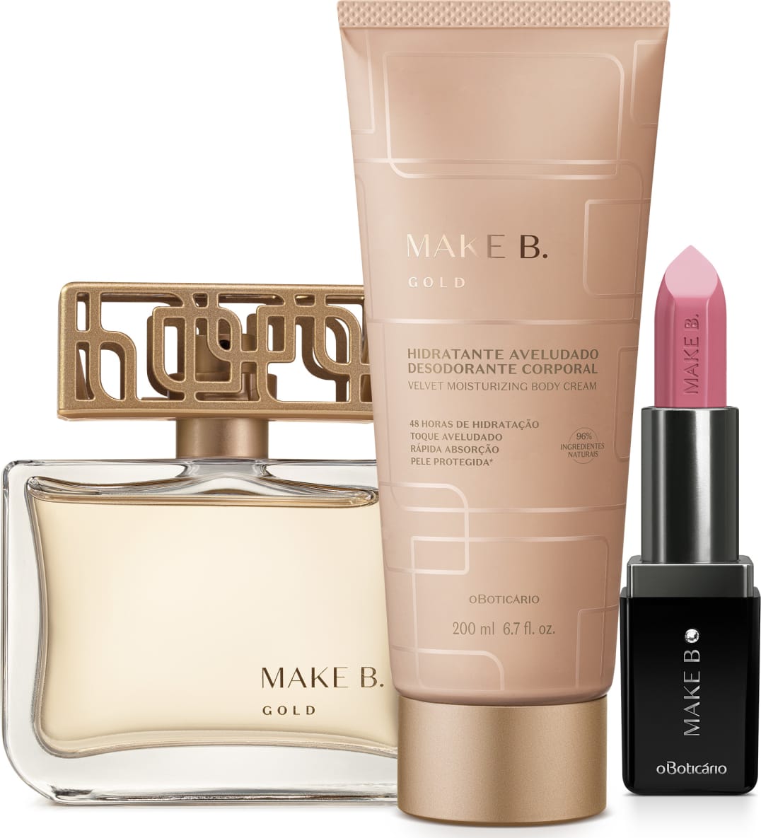 Combo Presente Make B.: Gold Eau de Parfum 75ml + Creme Aveludado Gold 200g + Batom Cremoso Rosa Cashmere