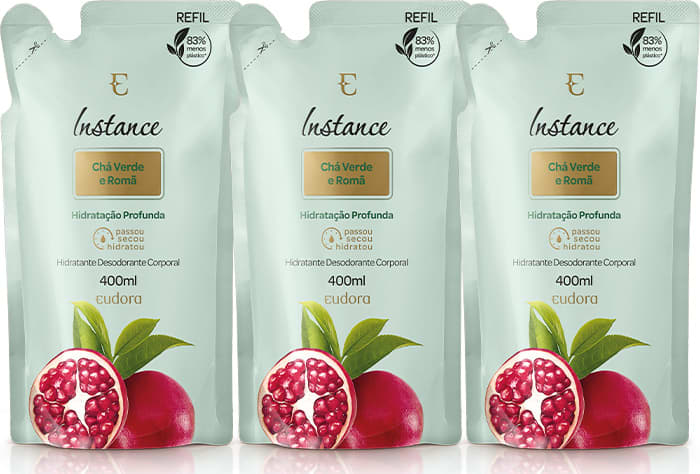 Kit Refil Instance Loção Hidratante Desodorante Corporal Cha Verde E Romã 3 Unidades