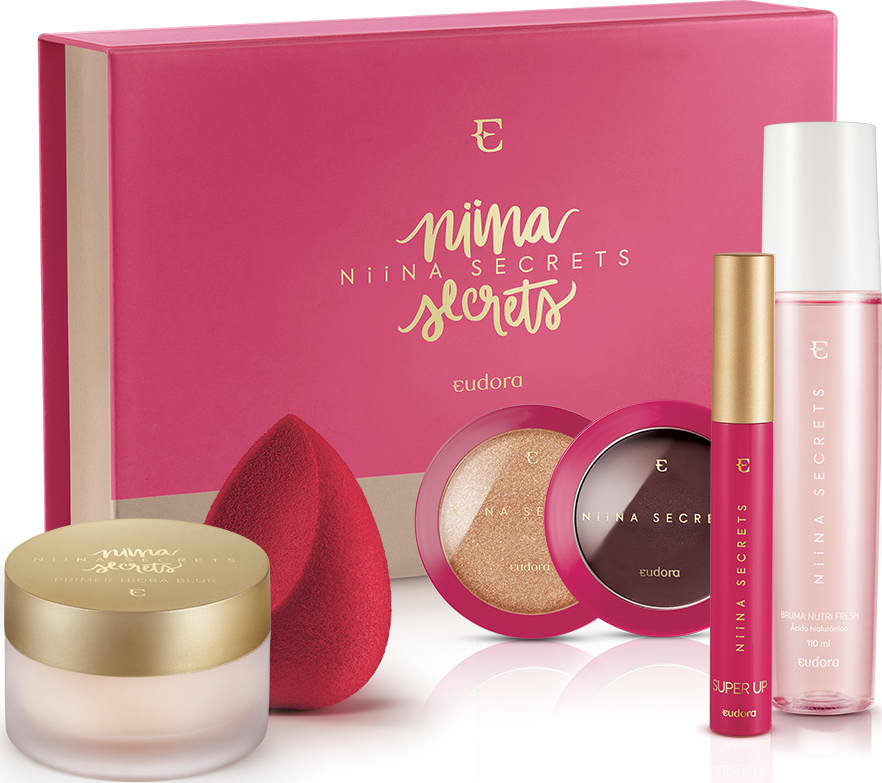 Kit Box Niina Secrets Blush Amora + Máscara + Bruma + Primer + Esponja + Iluminador Gold + BOX EXCLUSIVA*
