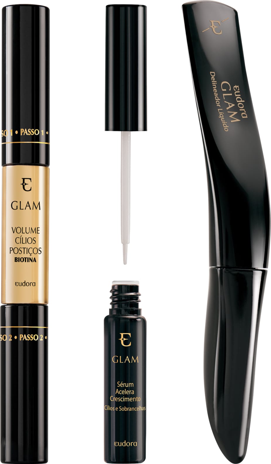 Kit Glam Delineador + Máscara Cílios Postiços Biotina + Sérum Cílios e Sobrancelhas