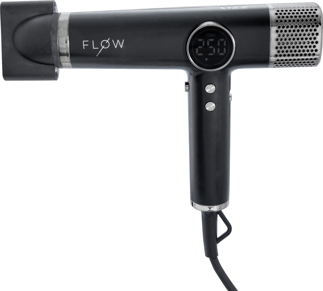 secador de cabelos. Trata-se de um dispositivo elétrico de cor preta com um display digital que exibe a temperatura. O secador possui um design ergonômico e compacto, com botões de controle na lateral.
