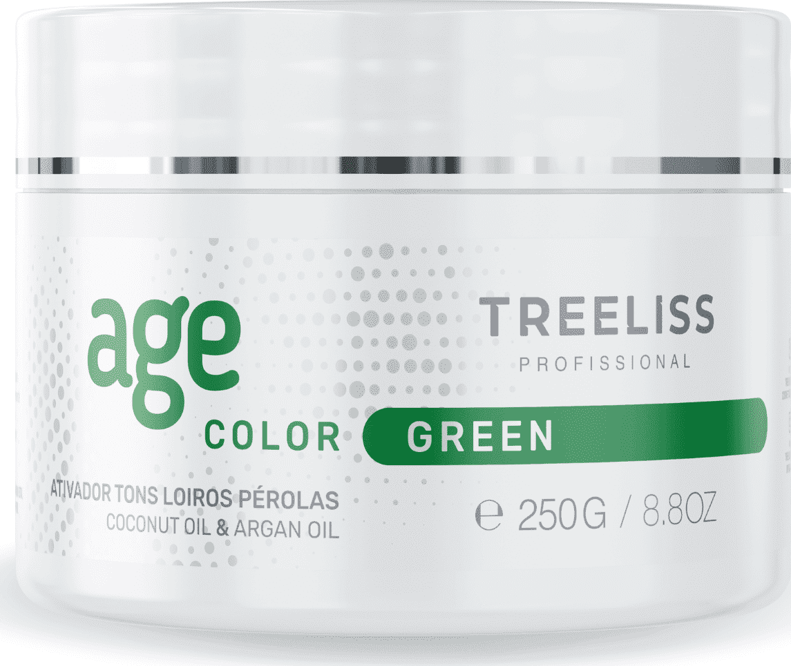 Matixzador capilar da linha Age Color da marca TreeLiss Professional. Embalagem plástica branca opaca com tampa de rosca cromada. Rótulo frontal com o logotipo da marca e o nome "Age Color Green" em letras verdes.