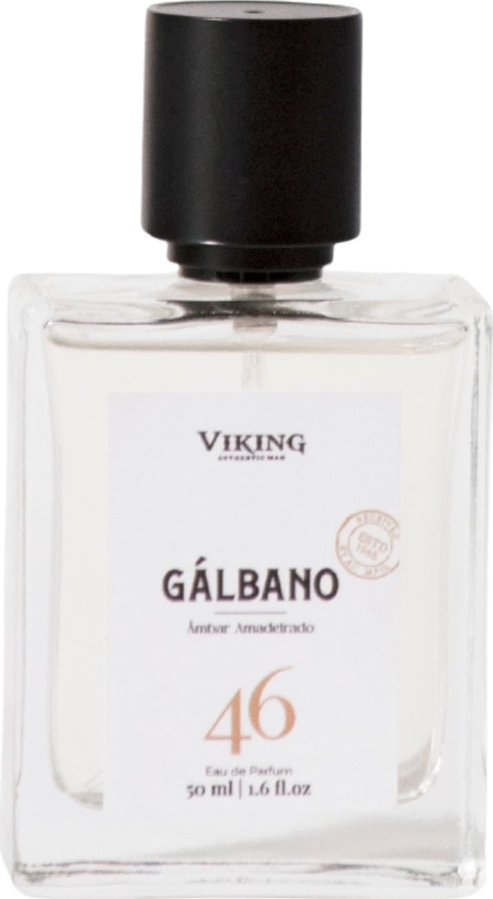 Perfume Viking Gálbano 46 em frasco transparente de vidro retangular com tampa preta. Embalagem de 50 ml ou 1,4 fl oz. Rótulo com texto "Viking", "Gálbano" e o número "46" em letras douradas. Produto com design minimalista e sofisticado.