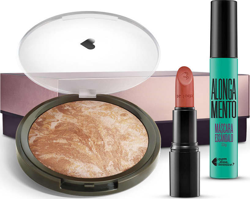 Kit Pó Iluminador Marmorizado + Máscara de cílios Escândalo Preti Alongamento + Batom Mate Veludo Marronterra + Caixa Cubo G