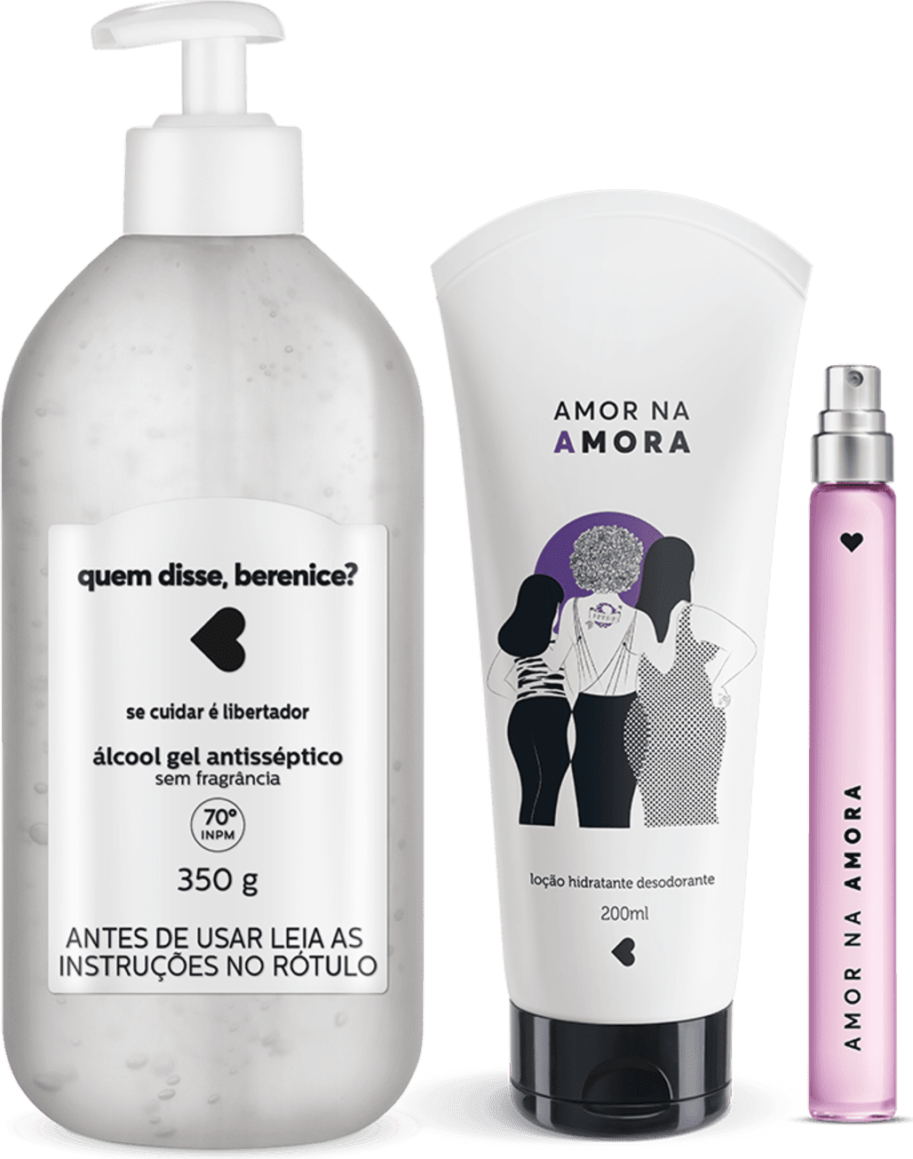 Kit Cuidados: Álcool Gel + Loção Hidratante Desodorante Corporal + Desodorante Colônia Amor na Amora 10ml