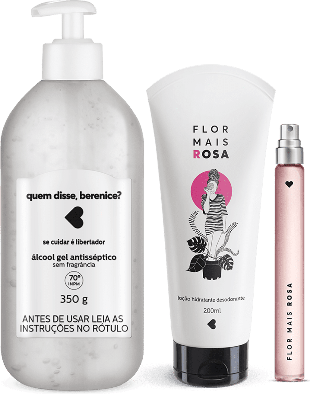 Kit Cuidados: Álcool Gel + Loção Hidratante Desodorante Corporal 200ml + Desodorante Colônia 10ml Flor mais Rosa