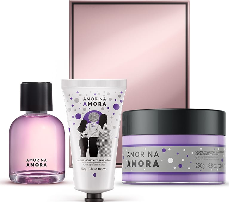 Kit Amor na Amora - Creme Hidratante Mãos + Creme Aveludado Desodorante Hidratante Corporal + Desodorante Colônia 75ml + Caixa Cubo G